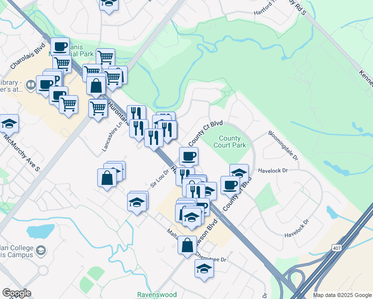 map of restaurants, bars, coffee shops, grocery stores, and more near County Court Boulevard in Brampton