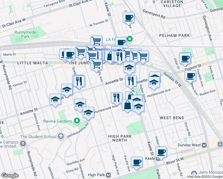 map of restaurants, bars, coffee shops, grocery stores, and more near in Toronto
