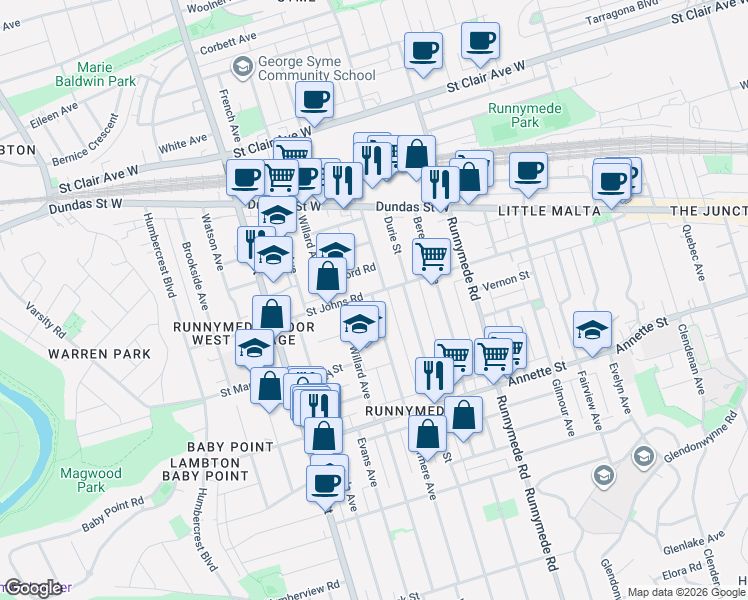 map of restaurants, bars, coffee shops, grocery stores, and more near Windermere Avenue in Toronto