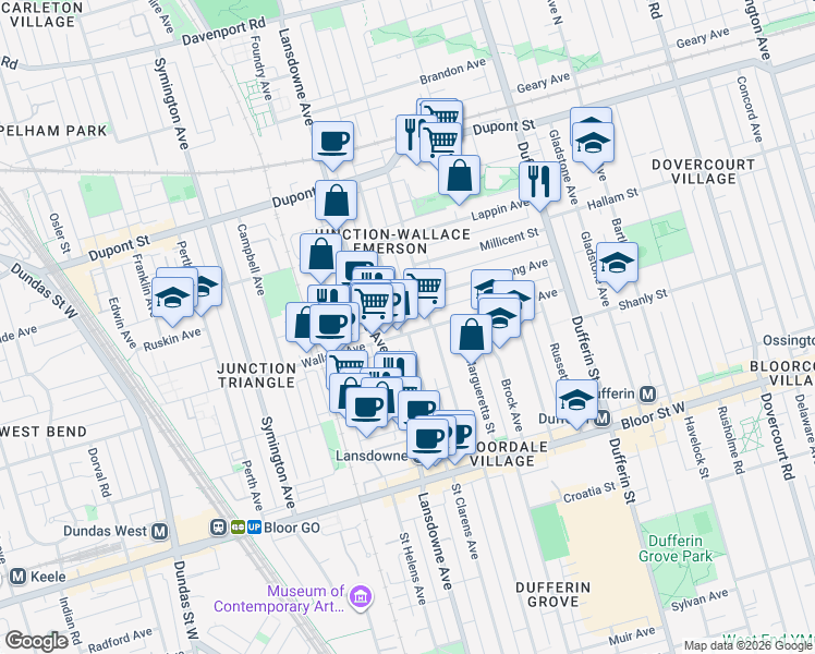 map of restaurants, bars, coffee shops, grocery stores, and more near 170 Wallace Avenue in Toronto