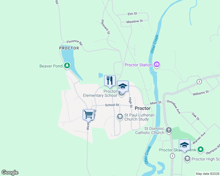 map of restaurants, bars, coffee shops, grocery stores, and more near 25 Market Street in Proctor