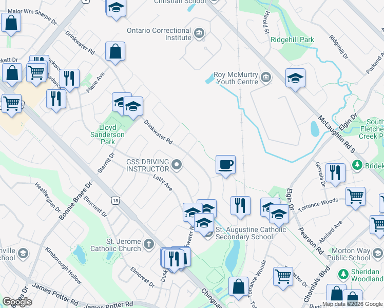 map of restaurants, bars, coffee shops, grocery stores, and more near 1 Ripley Crescent in Brampton