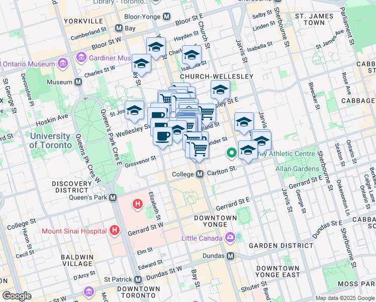 map of restaurants, bars, coffee shops, grocery stores, and more near 500 Yonge Street in Toronto