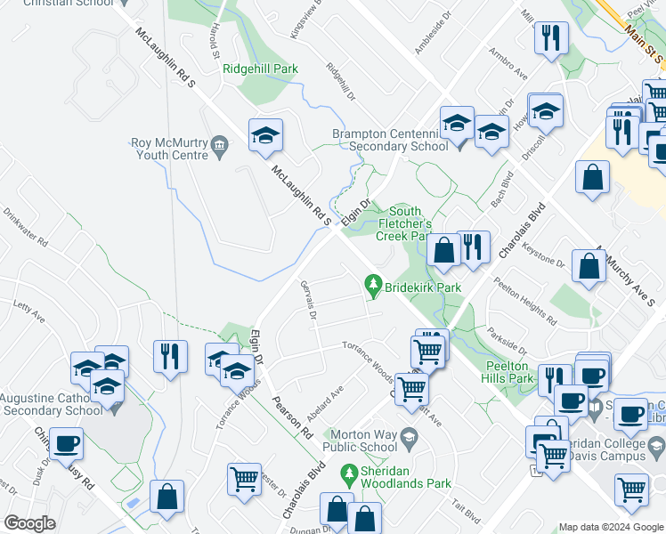 map of restaurants, bars, coffee shops, grocery stores, and more near 12 Bridekirk Place in Brampton