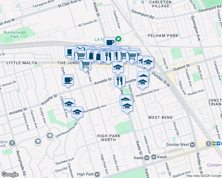 map of restaurants, bars, coffee shops, grocery stores, and more near 146 Mavety Street in Toronto