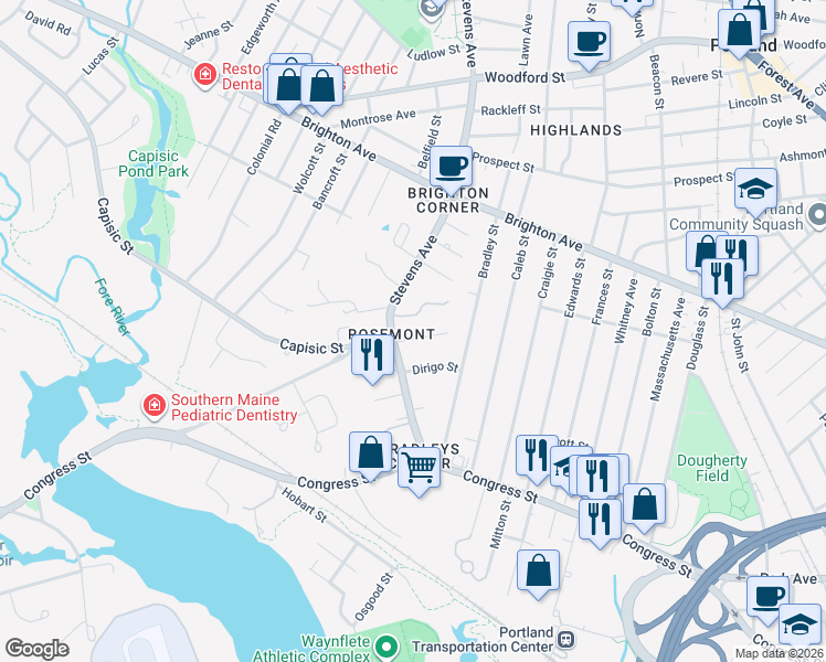 map of restaurants, bars, coffee shops, grocery stores, and more near 141 Stevens Avenue in Portland