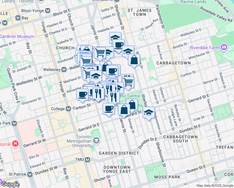 map of restaurants, bars, coffee shops, grocery stores, and more near 130 Carlton Street in Toronto