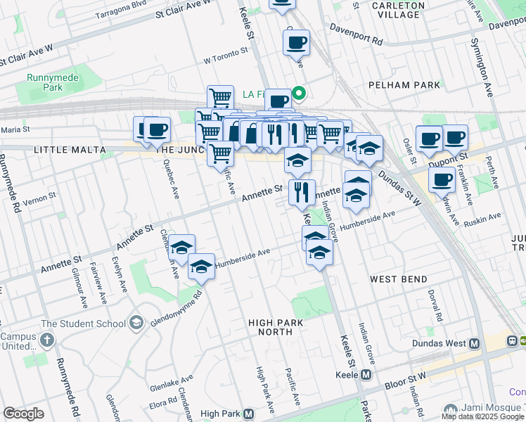map of restaurants, bars, coffee shops, grocery stores, and more near 152 Medland Street in Toronto