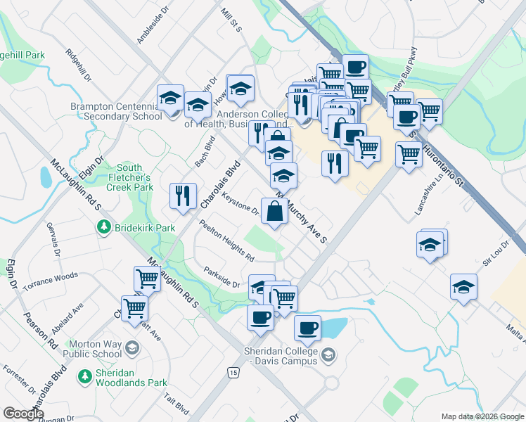 map of restaurants, bars, coffee shops, grocery stores, and more near 11 Keystone Drive in Brampton