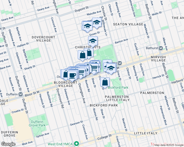 map of restaurants, bars, coffee shops, grocery stores, and more near 751A Shaw Street in Toronto