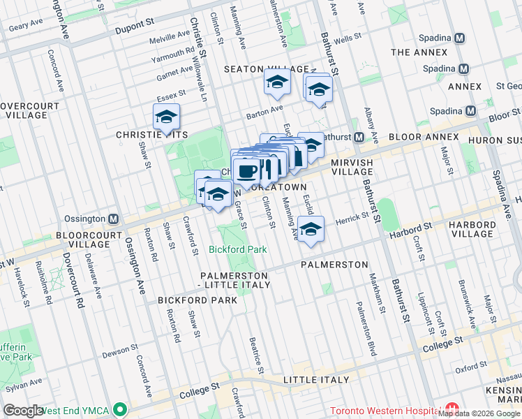 map of restaurants, bars, coffee shops, grocery stores, and more near in Toronto
