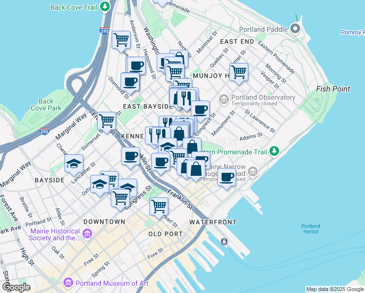 map of restaurants, bars, coffee shops, grocery stores, and more near 127 Cumberland Avenue in Portland