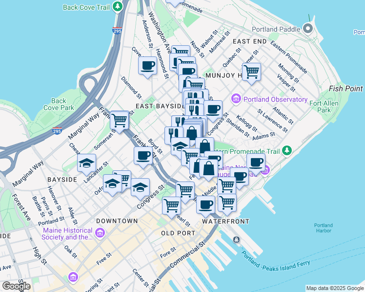 map of restaurants, bars, coffee shops, grocery stores, and more near 127 Cumberland Avenue in Portland