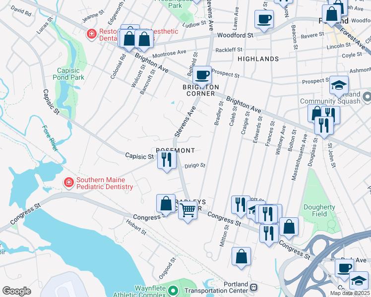 map of restaurants, bars, coffee shops, grocery stores, and more near 141 Stevens Avenue in Portland
