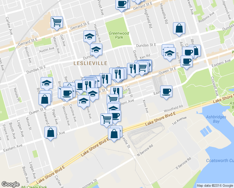 map of restaurants, bars, coffee shops, grocery stores, and more near in Toronto