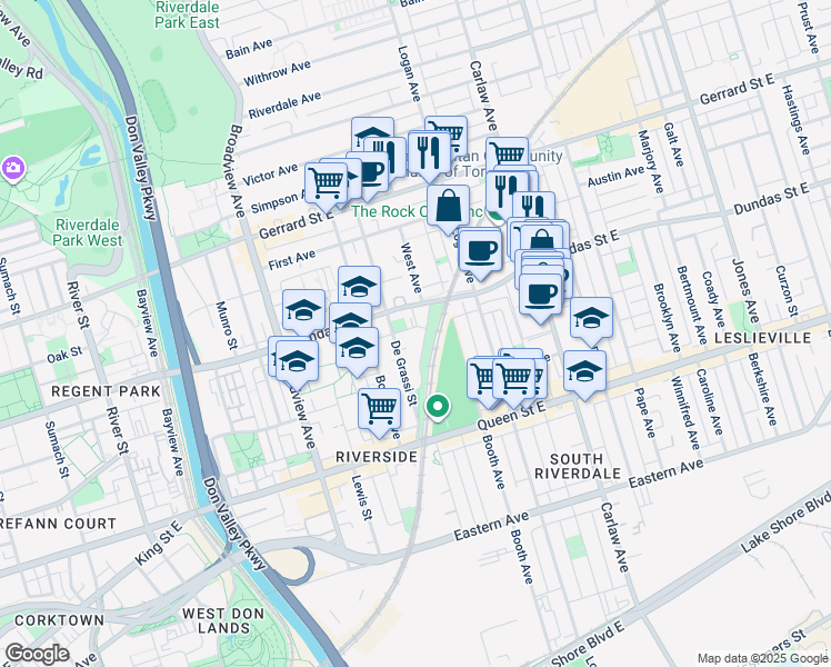 map of restaurants, bars, coffee shops, grocery stores, and more near in Toronto