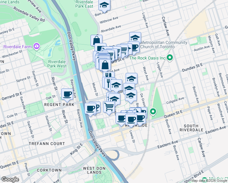 map of restaurants, bars, coffee shops, grocery stores, and more near in Toronto