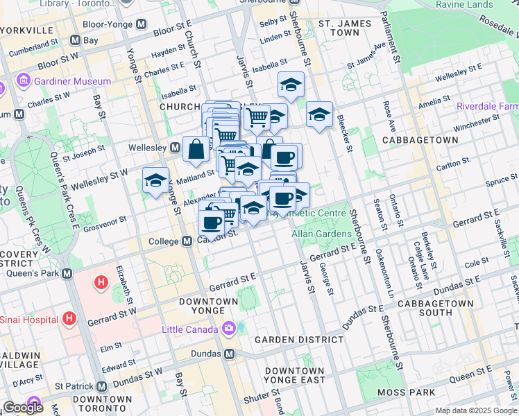 map of restaurants, bars, coffee shops, grocery stores, and more near in Toronto