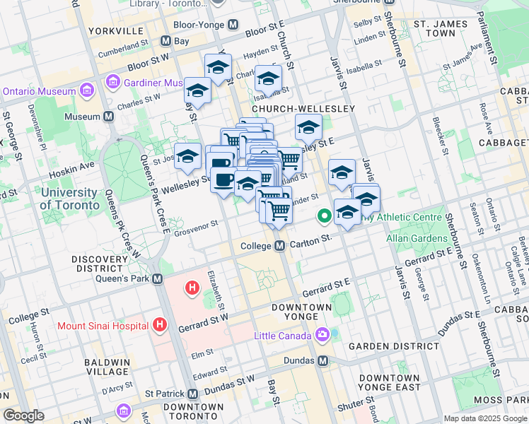 map of restaurants, bars, coffee shops, grocery stores, and more near 500 Yonge Street in Toronto