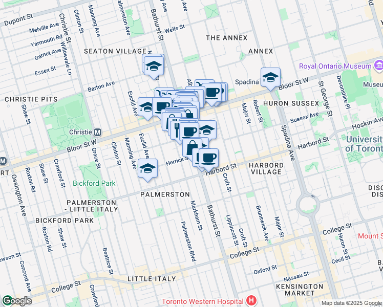 map of restaurants, bars, coffee shops, grocery stores, and more near in Toronto