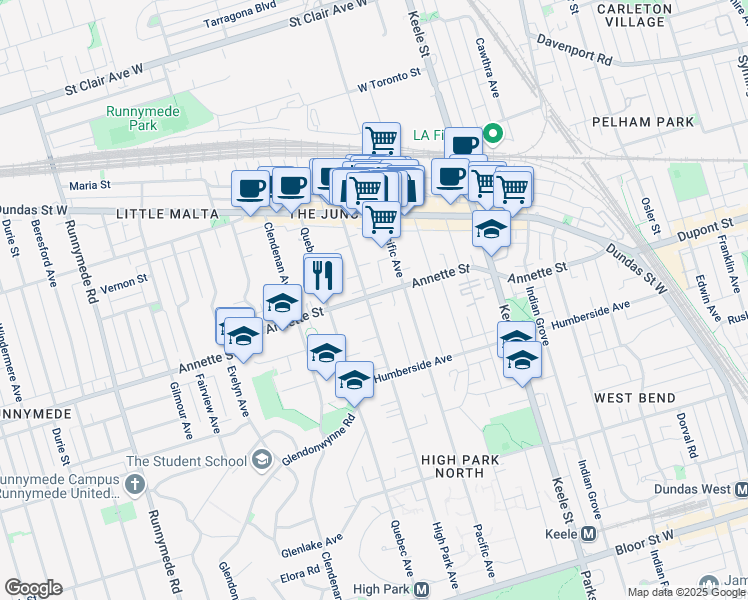 map of restaurants, bars, coffee shops, grocery stores, and more near in Toronto