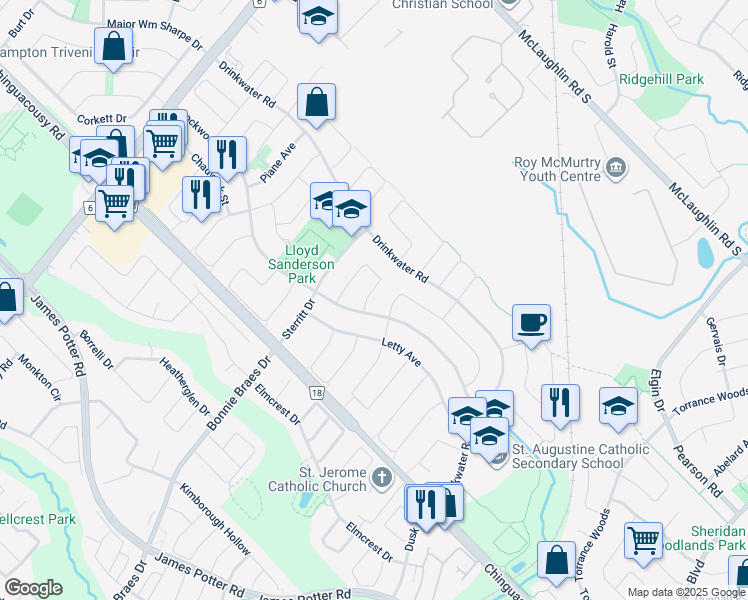 map of restaurants, bars, coffee shops, grocery stores, and more near 16 Troutbeck Crescent in Brampton