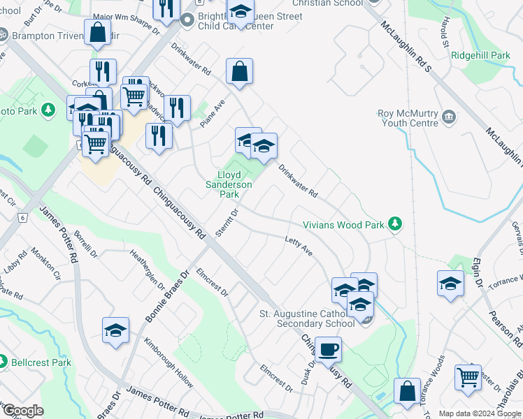 map of restaurants, bars, coffee shops, grocery stores, and more near 51 Troutbeck Crescent in Brampton