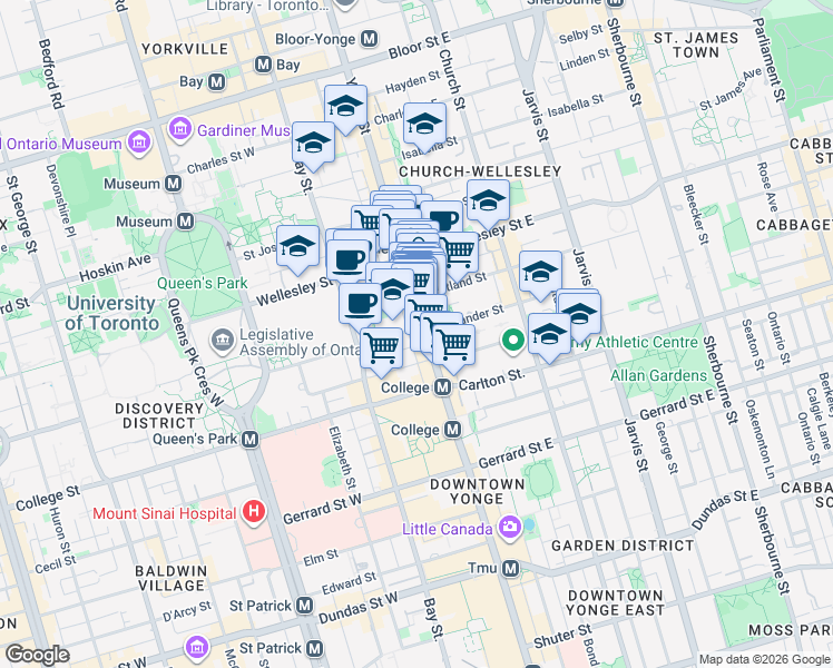 map of restaurants, bars, coffee shops, grocery stores, and more near 7 Grosvenor Street in Toronto