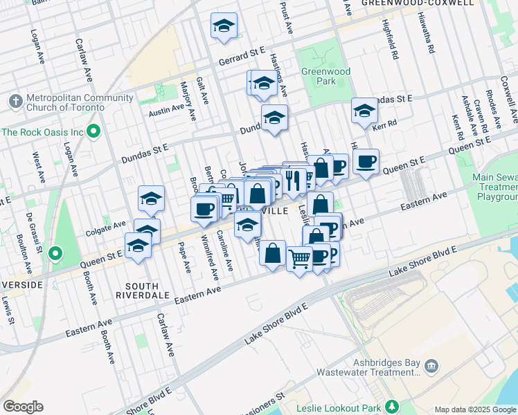 map of restaurants, bars, coffee shops, grocery stores, and more near in Toronto