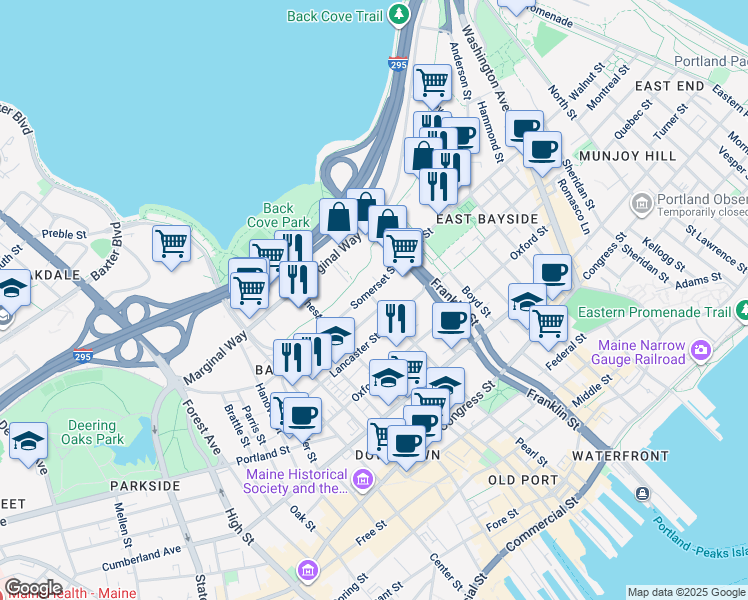 map of restaurants, bars, coffee shops, grocery stores, and more near 210 Pearl Street in Portland