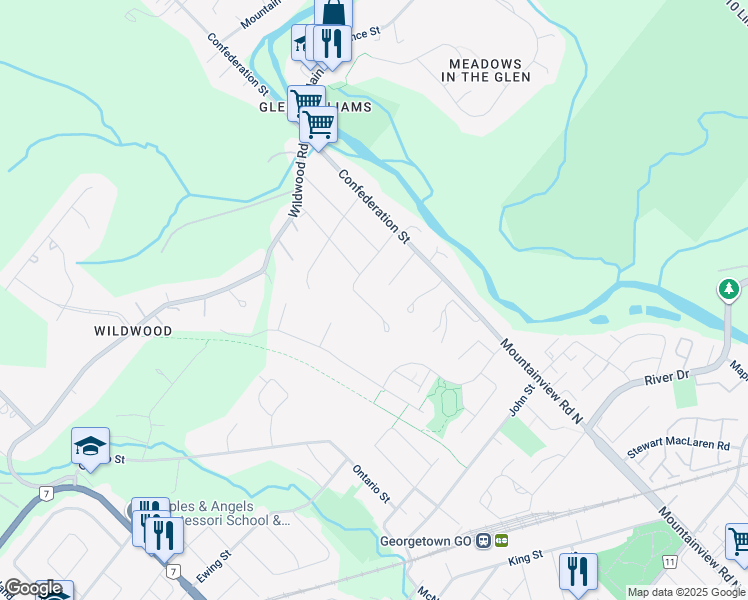 map of restaurants, bars, coffee shops, grocery stores, and more near 107 Park Street East in Halton Hills