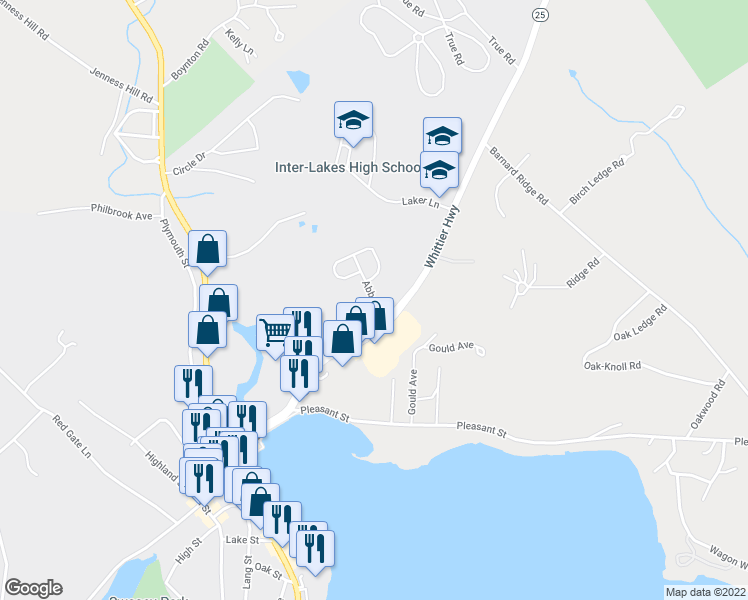 map of restaurants, bars, coffee shops, grocery stores, and more near Abbey Lane in Meredith