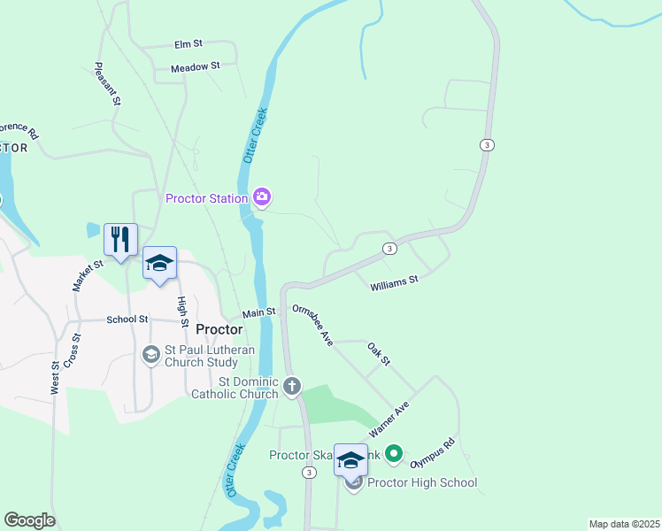 map of restaurants, bars, coffee shops, grocery stores, and more near 57 Patch Street in Proctor