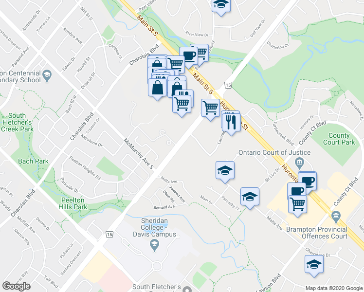 map of restaurants, bars, coffee shops, grocery stores, and more near 209 Steeles Avenue West in Brampton