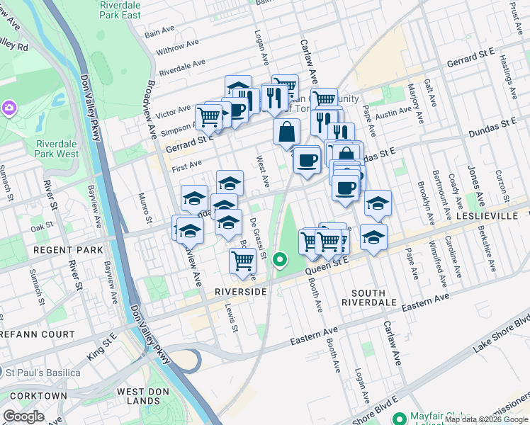 map of restaurants, bars, coffee shops, grocery stores, and more near 43A Cummings Street in Toronto