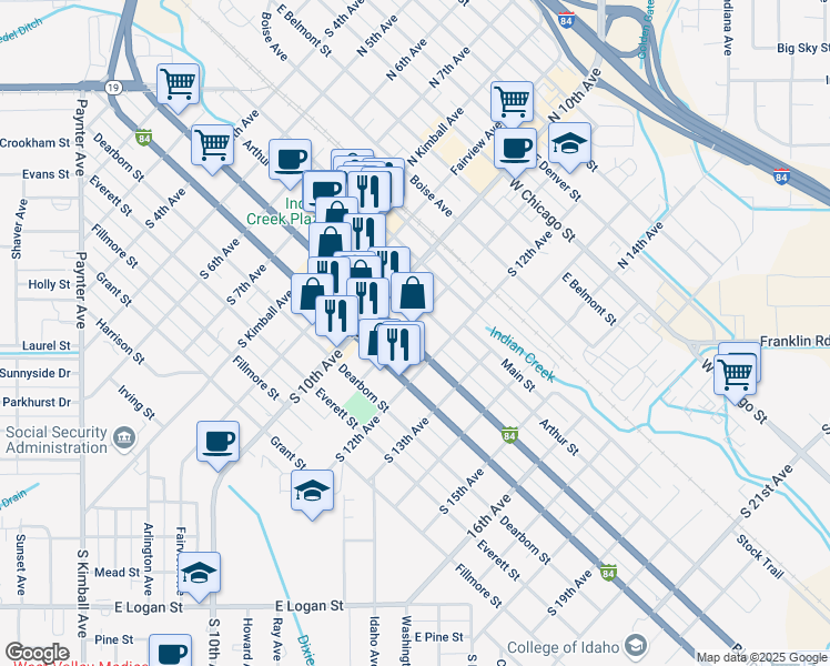 map of restaurants, bars, coffee shops, grocery stores, and more near 1023 Arthur Street in Caldwell