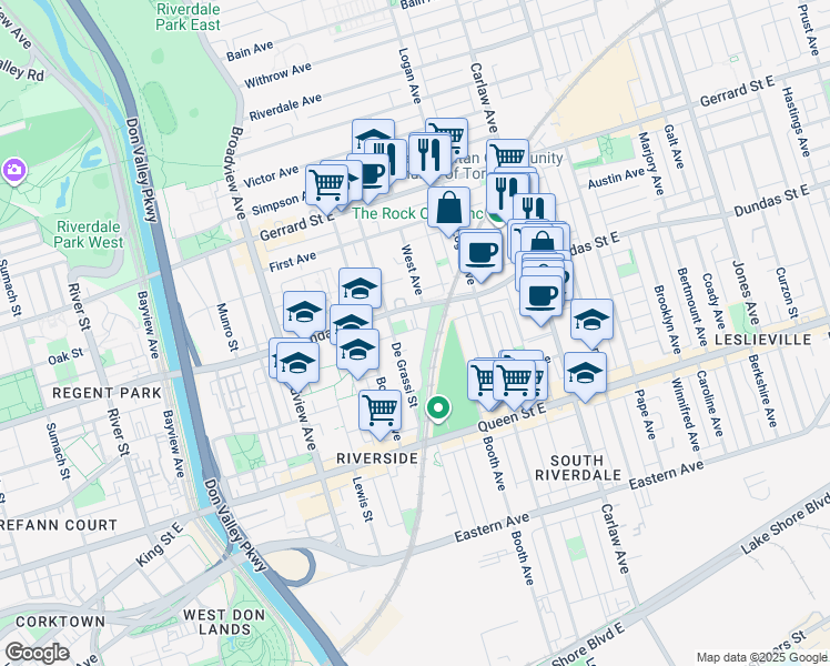 map of restaurants, bars, coffee shops, grocery stores, and more near 43A Cummings Street in Toronto
