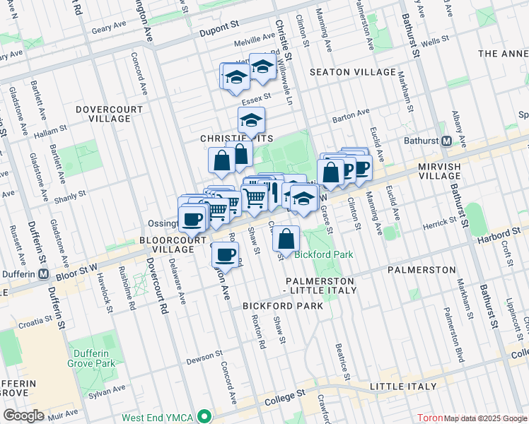 map of restaurants, bars, coffee shops, grocery stores, and more near 798 Bloor Street West in Toronto