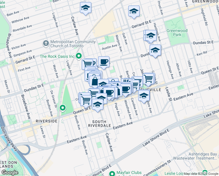 map of restaurants, bars, coffee shops, grocery stores, and more near 134 Pape Avenue in Toronto