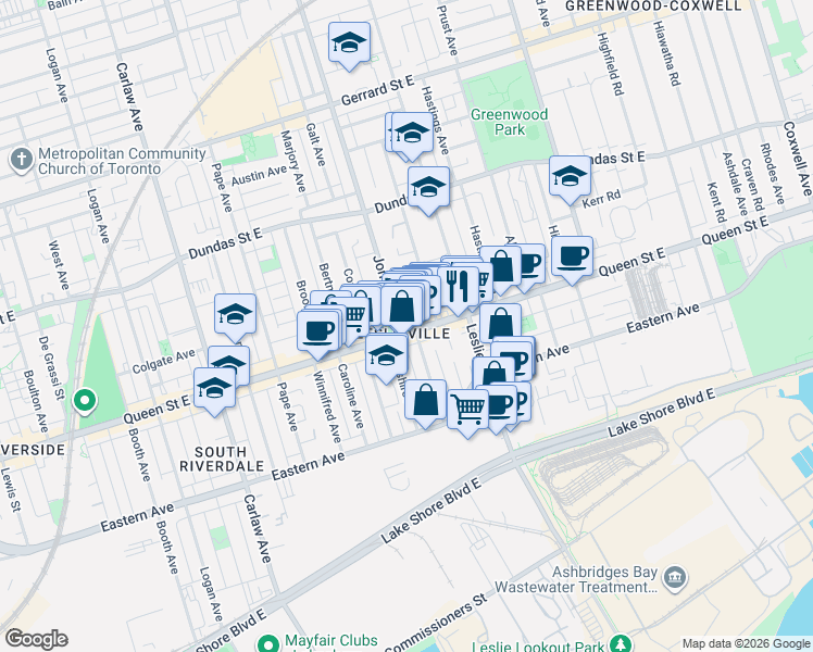 map of restaurants, bars, coffee shops, grocery stores, and more near 1162 Queen Street East in Toronto