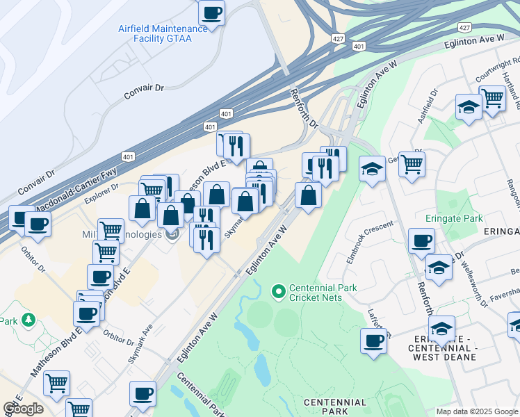 map of restaurants, bars, coffee shops, grocery stores, and more near 2800 Skymark Avenue in Mississauga