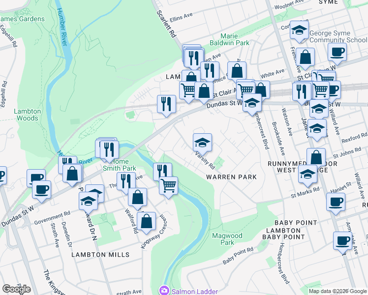 map of restaurants, bars, coffee shops, grocery stores, and more near in Toronto