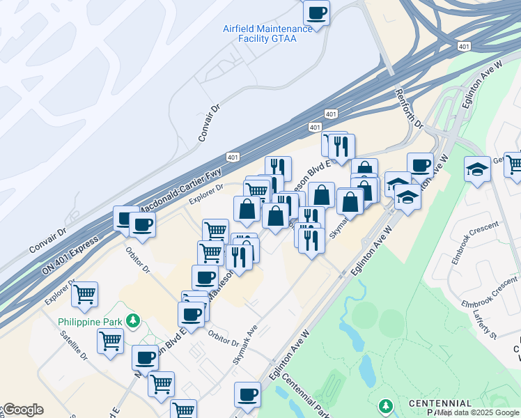 map of restaurants, bars, coffee shops, grocery stores, and more near 5300 Explorer Drive in Mississauga