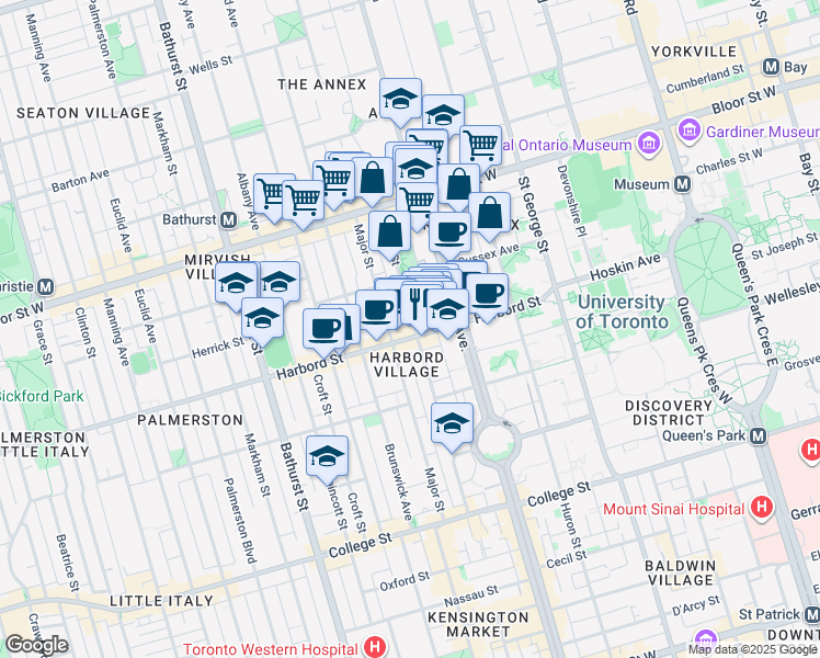 map of restaurants, bars, coffee shops, grocery stores, and more near 198 Robert Street in Toronto