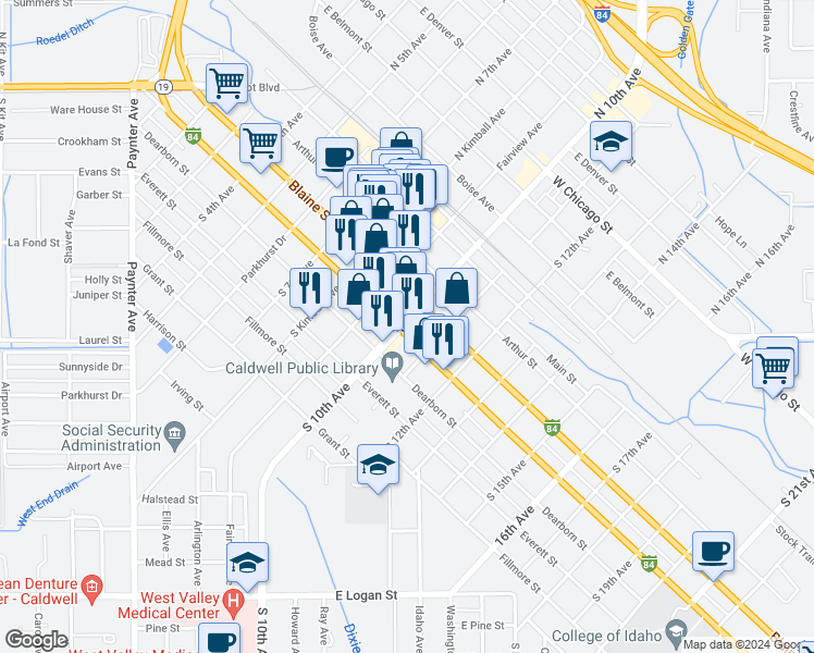 map of restaurants, bars, coffee shops, grocery stores, and more near in Caldwell