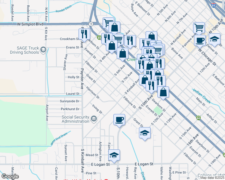 map of restaurants, bars, coffee shops, grocery stores, and more near 609 Fillmore Street in Caldwell