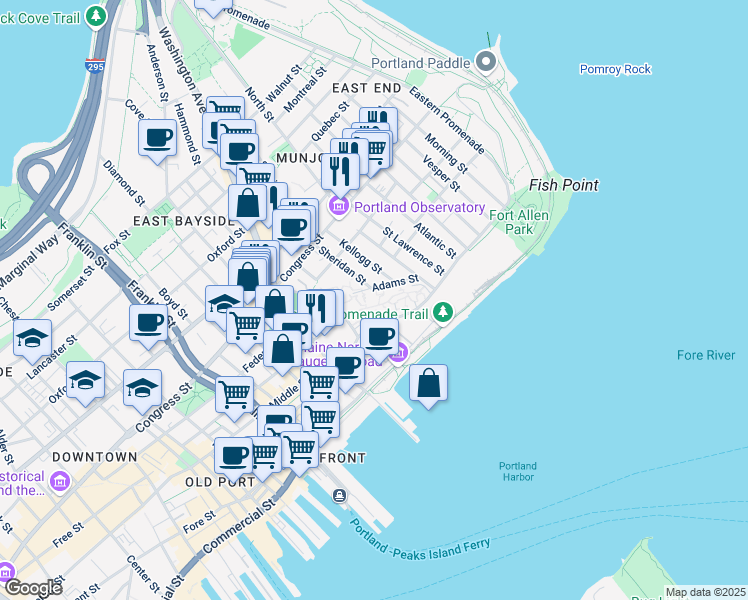 map of restaurants, bars, coffee shops, grocery stores, and more near 45 Adams Street in Portland