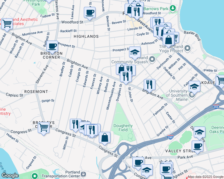 map of restaurants, bars, coffee shops, grocery stores, and more near 194 Massachusetts Avenue in Portland