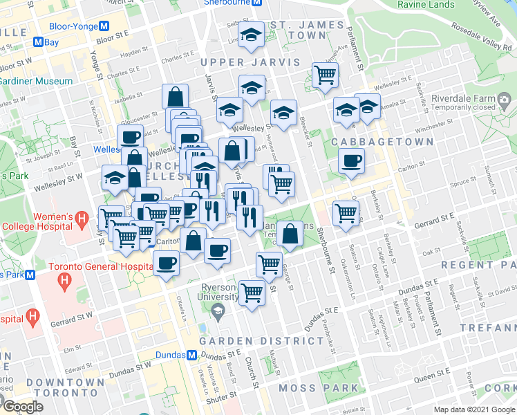 map of restaurants, bars, coffee shops, grocery stores, and more near 437 Jarvis Street in Toronto