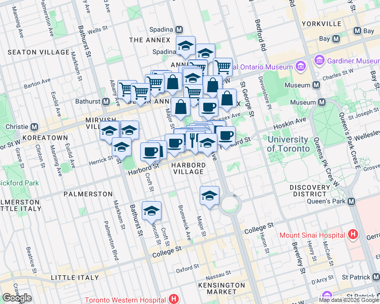 map of restaurants, bars, coffee shops, grocery stores, and more near in Toronto